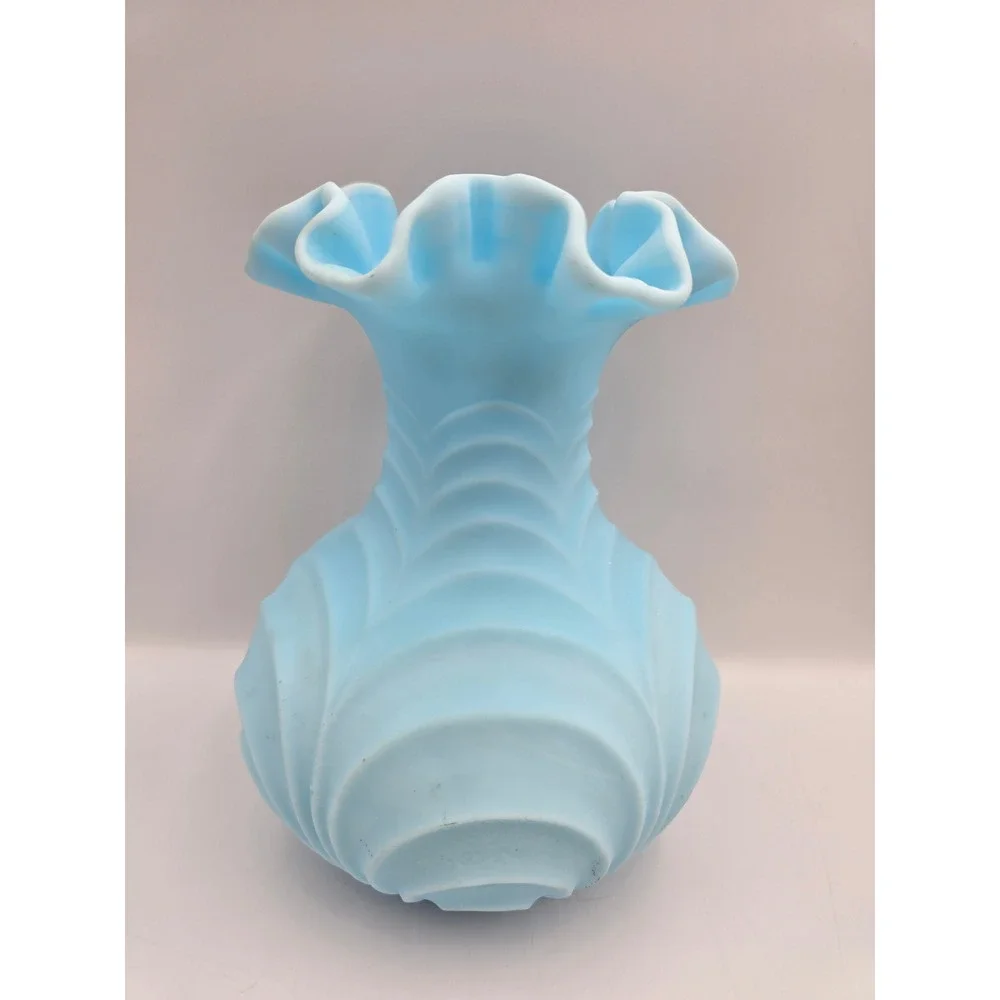 Fenton Vintage Satin Glass Vase Blue‎ Ruffled Rim 8 Inch Light Blue Embossed